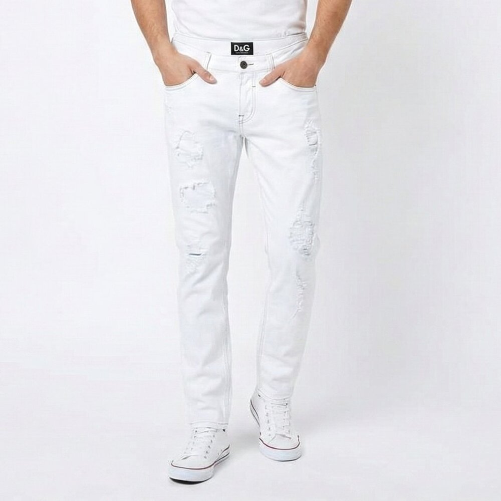 D&G Dolce and Gabbana Men's White Distressed Skinny Fit Jeans
